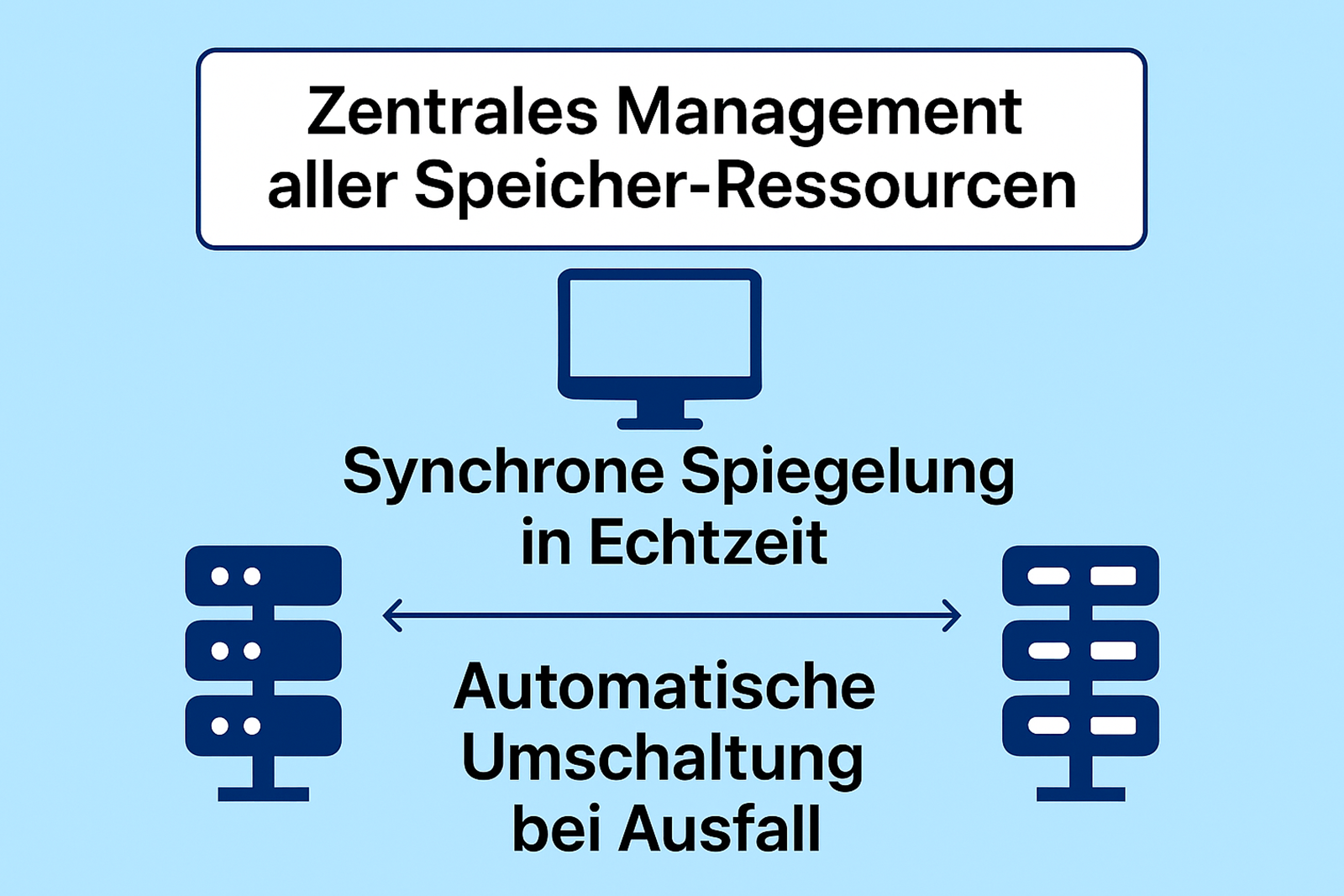 „Die Infografik zeigt, wie ein zentrales Management von Speicherressourcen funktioniert. Im oberen Bereich steht der Text: ‚Zentrales Management aller Speicher-Ressourcen‘. Darunter symbolisiert ein Monitor die zentrale Steuerung. Es folgt die Beschriftung ‚Synchrone Spiegelung in Echtzeit‘, dargestellt durch zwei Server-Symbole, die über einen Doppelpfeil miteinander verbunden sind. Dieser Pfeil steht für die direkte Datenübertragung in Echtzeit zwischen beiden Servern. Im unteren Bereich erklärt der Text ‚Automatische Umschaltung bei Ausfall‘, dass bei einem Serverausfall automatisch auf den zweiten Server umgeschaltet wird, damit der Betrieb ohne Unterbrechung weiterläuft.“