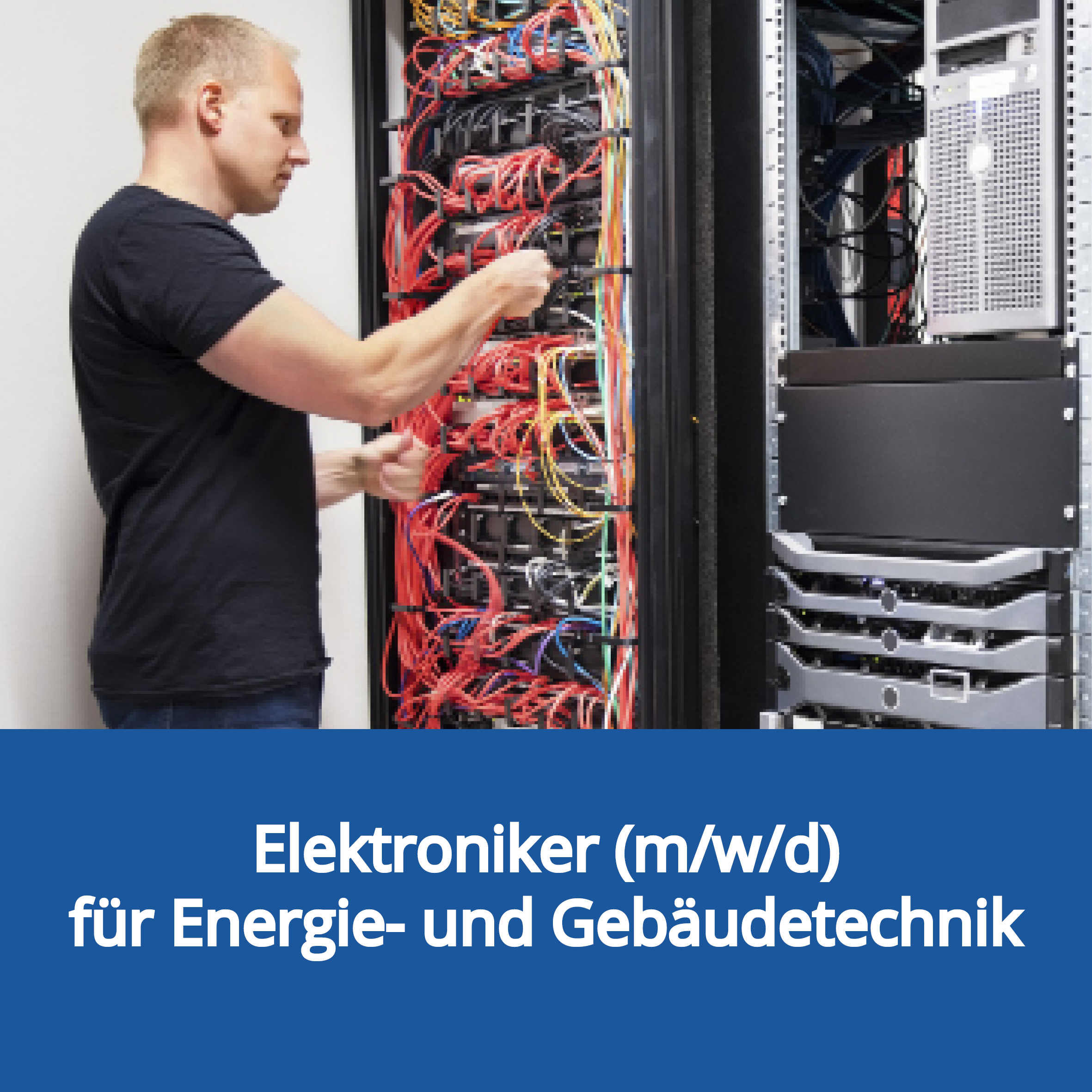 Elektroniker montiert Kabel in einem Schaltschrank. Verlinkung zur Stellenanzeige Elektroniker (m/w/d) für Energie- und Gebäudetechnik.